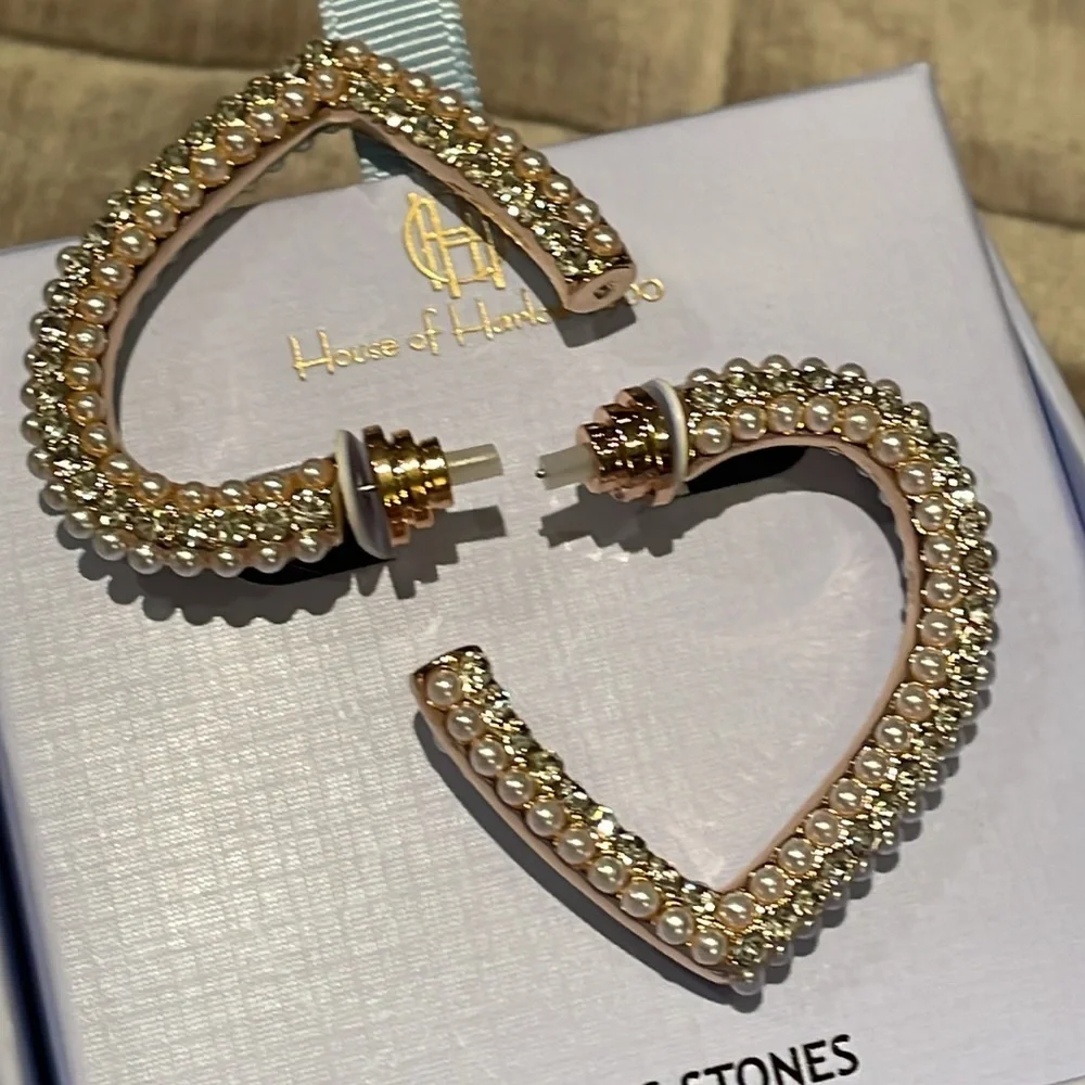 House Of Harlow 1960 Pearl & Glass Open Heart Earrings New In Box